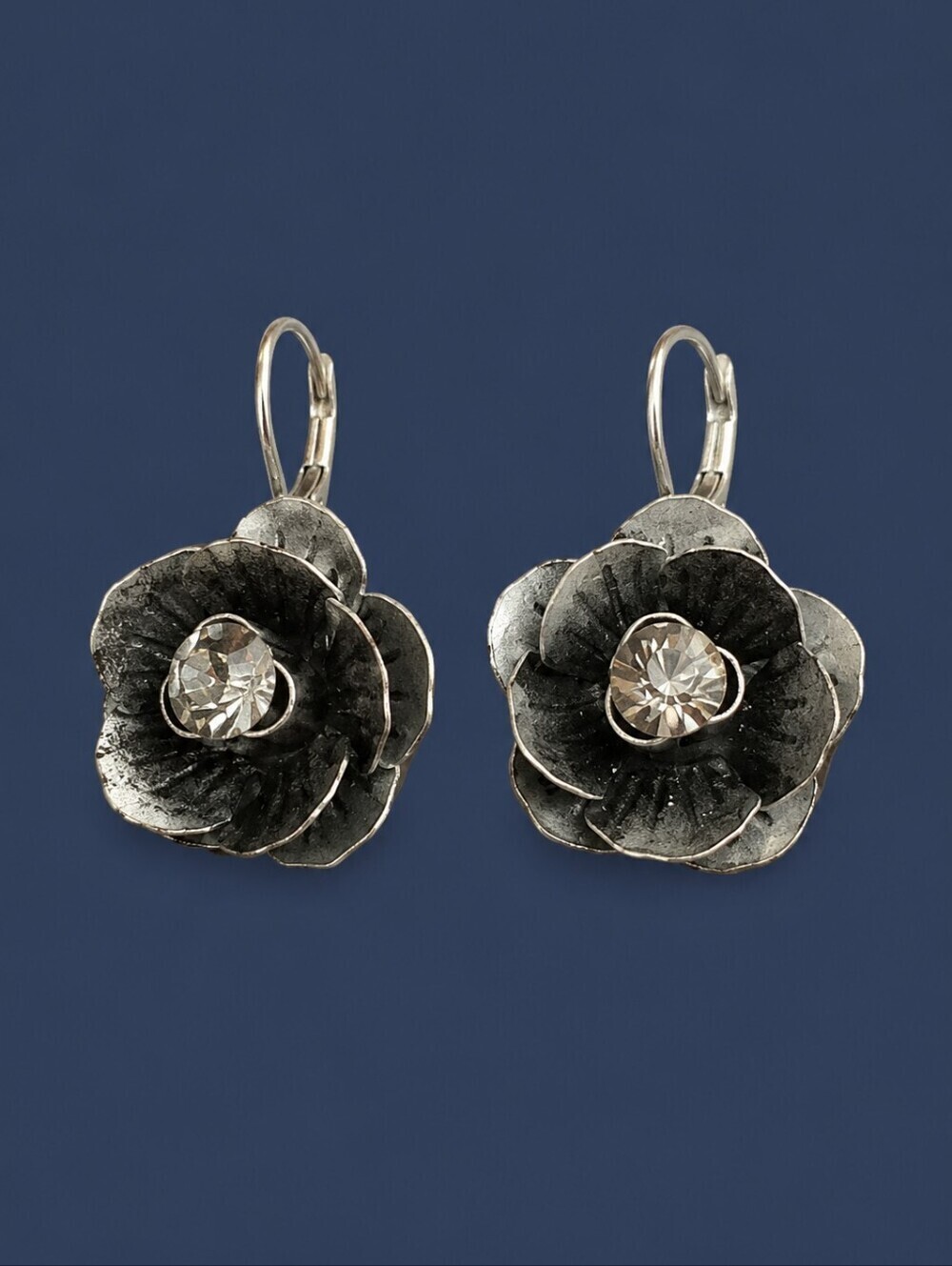 METAL Rhinestone 3D Rose Dangle Hook Earrings
